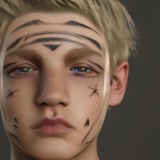 Image similar to detailed unreal engine 5 render of a blonde boy with face tattoos