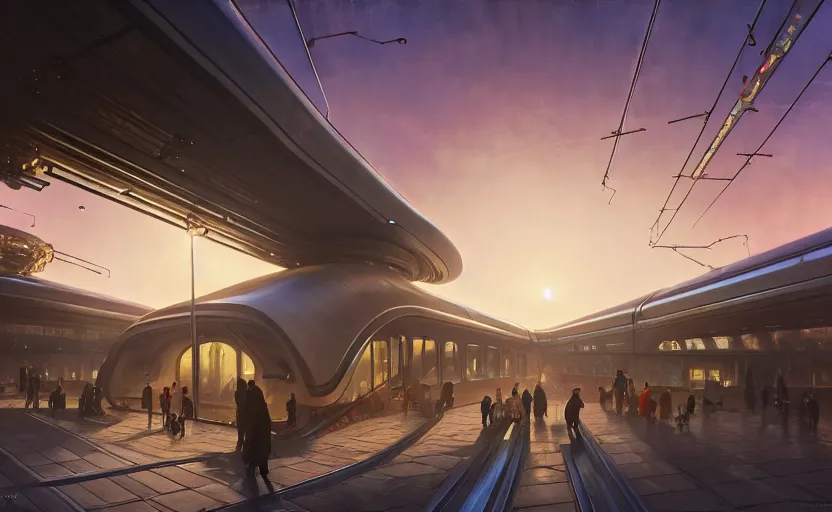 Image similar to exterior shot of utopian train station with cinematic lighting by zaha hadid and renzo piano, darek zabrocki and greg ruthkowski, alphonse mucha, simon stalenhag, cinematic, holy place, paradise, scifi, futurism, atmospheric, sunset, concept art, artstation, trending on artstation