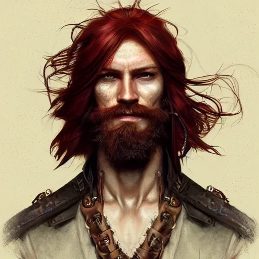 Image similar to portrait of a young rugged pirate, male, handsome, masculine, full body, red hair, long hair, d & d, fantasy, intricate, elegant, highly detailed, steampunk, airship, digital painting, artstation, concept art, matte, sharp focus, illustration, art by artgerm and greg rutkowski and alphonse mucha