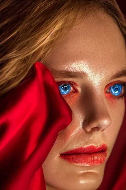 Image similar to a girl with cold blue eyes, standing in a dark room under the bright lighting of cold lamps, in bright red silk clothes golden ratio, by james jean, medium close - up, perfect composition, dramatic, medium close - up ( mcu ), cannon ef 6 5 mm f / 2. 8