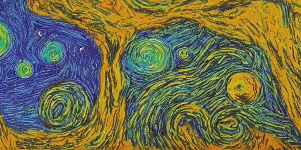 Prompt: doodle chalk drawing of a alien landscape with strange life forms, in the style of Van Gogh, detailed