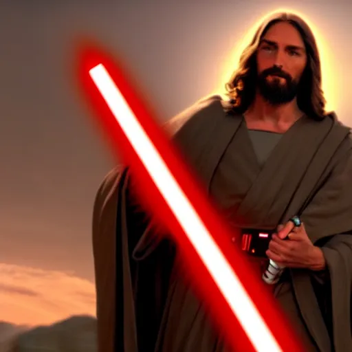 Image similar to jesus christ holding a lightsaber in star wars, 4 k, high resolution, still, landscape, hd, dslr, hyper realistic