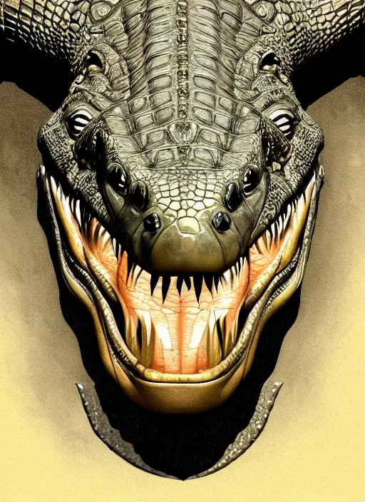 Image similar to portrait of an alligator - headed reptile, beautiful face, hyper realistic, highly detailed, digital painting, artstation, illustration, concept art by hyung tae and frank frazetta, digital paint, matte paint, washed colors, eating cakes, dark, gloomy, foggy