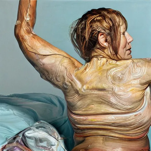 Image similar to high quality high detail painting by lucian freud and jenny saville, hd, human with 4 arms, turquoise