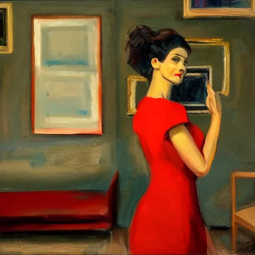 Image similar to an oil on canvas painting of a beautiful feminine woman from the 90's, red dress, leaning against the wall, 90's living room, figurative art, old computers, CRT screens, fine art, studio portrait, detailed, deviantart, cgsociety, chiaroscuro, acrylic art, by Elmer Bischoff, by Michael Garmash, by Edward Hopper