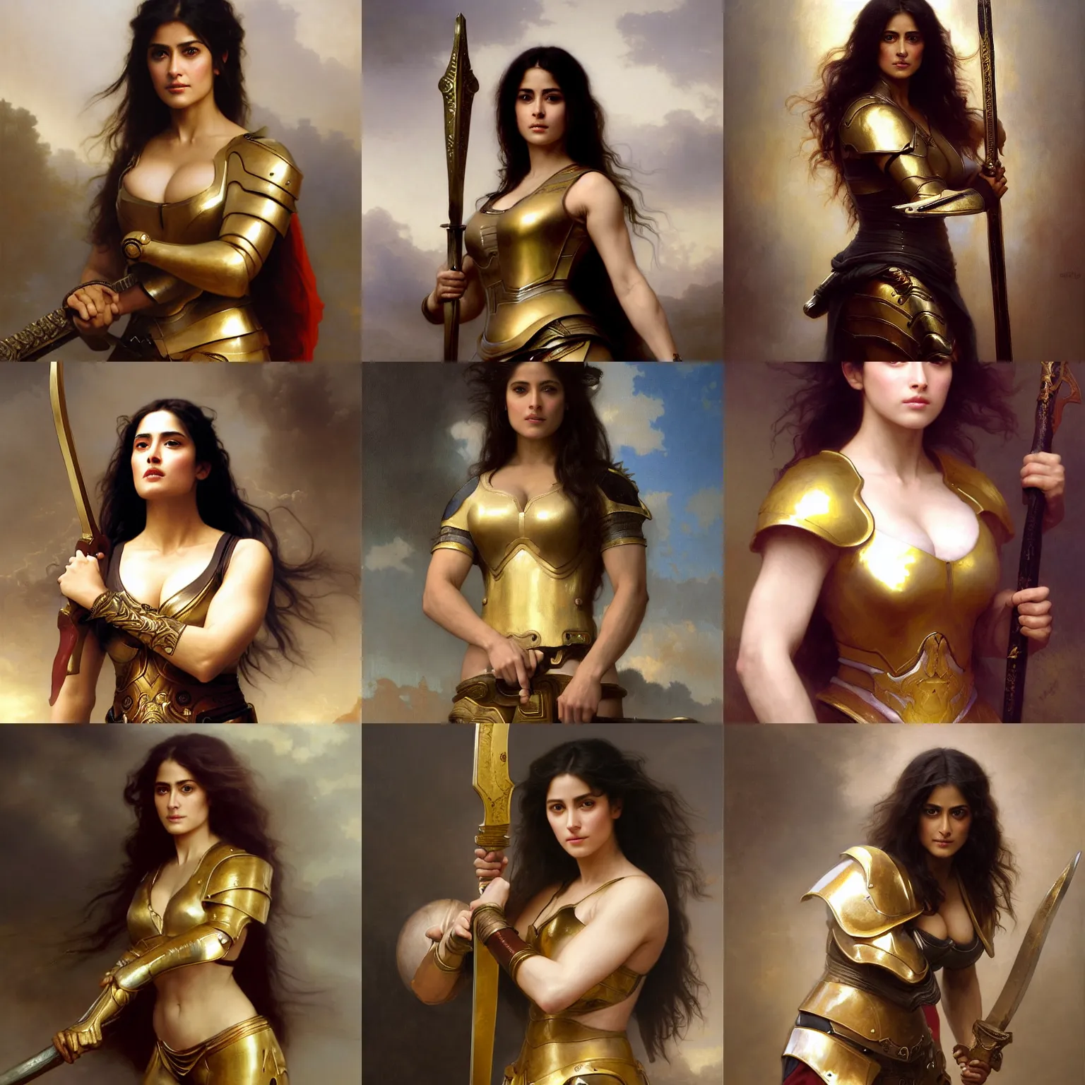 Prompt: A Ruan Jia and Mandy Jurgens and Artgerm and William-Adolphe Bouguereau oil painting of a beautiful muscular Salma Hayek wearing gold armor holding a large steel sword , dynamic shot , HD 4k , intricate , highly detailed , atmospheric , sharp, uncropped