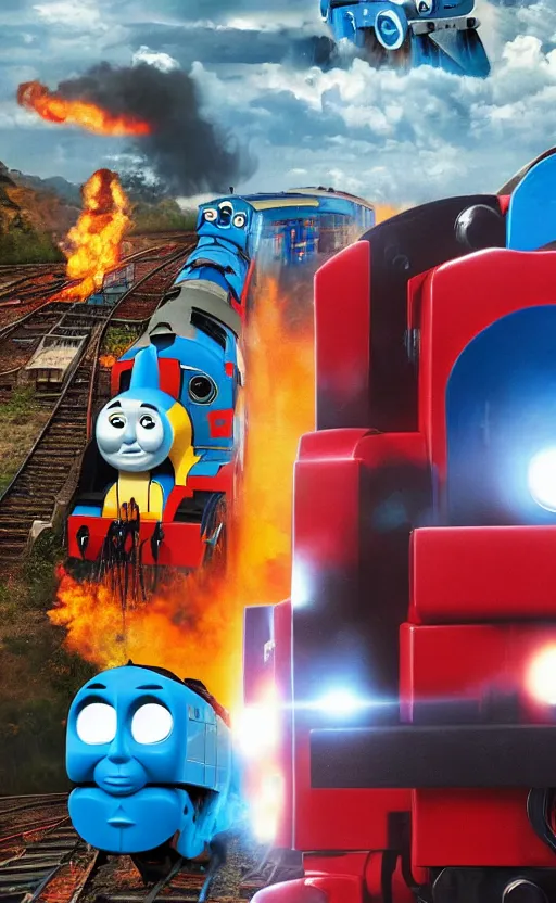 Image similar to thomas the tank engine vs. optimus prime : big revenge : coming soon to theaters, epic cinematic poster, post - apocalypse, demolition, realistic, photo, photorealistic, detailed, high quality, high resolution, 8 k, hdr, 4 k