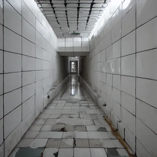 Prompt: photo of a vast interior space of irregular rooms and corridors, bizarre architecture. ceramic white tiles on all the walls. the floor is flooded with one meter deep water. eerie