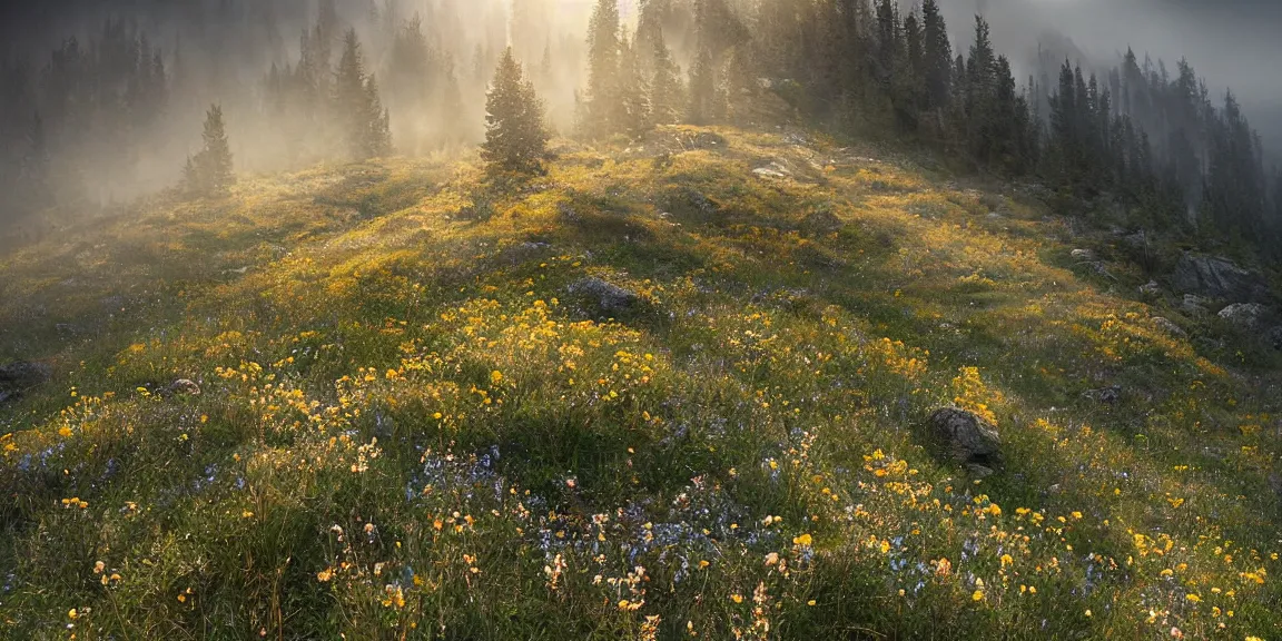 Prompt: Alpine rocky clearing in Austria, a few firs shooting up from the rocky landscape. Many wildflowers, bright, somewhat foggy. Afternoon glow. Trending on Artstation, deviantart, worth1000. By Greg Rutkowski. National Geographic and iNaturalist HD photographs