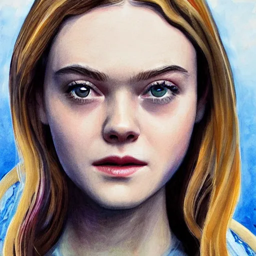 Prompt: professional painting of Elle Fanning in the style of Kingdom Come by Mark Waid, head and shoulders portrait, symmetrical facial features, smooth, sharp focus, illustration, intricate, stormy weather, extremely detailed masterpiece,