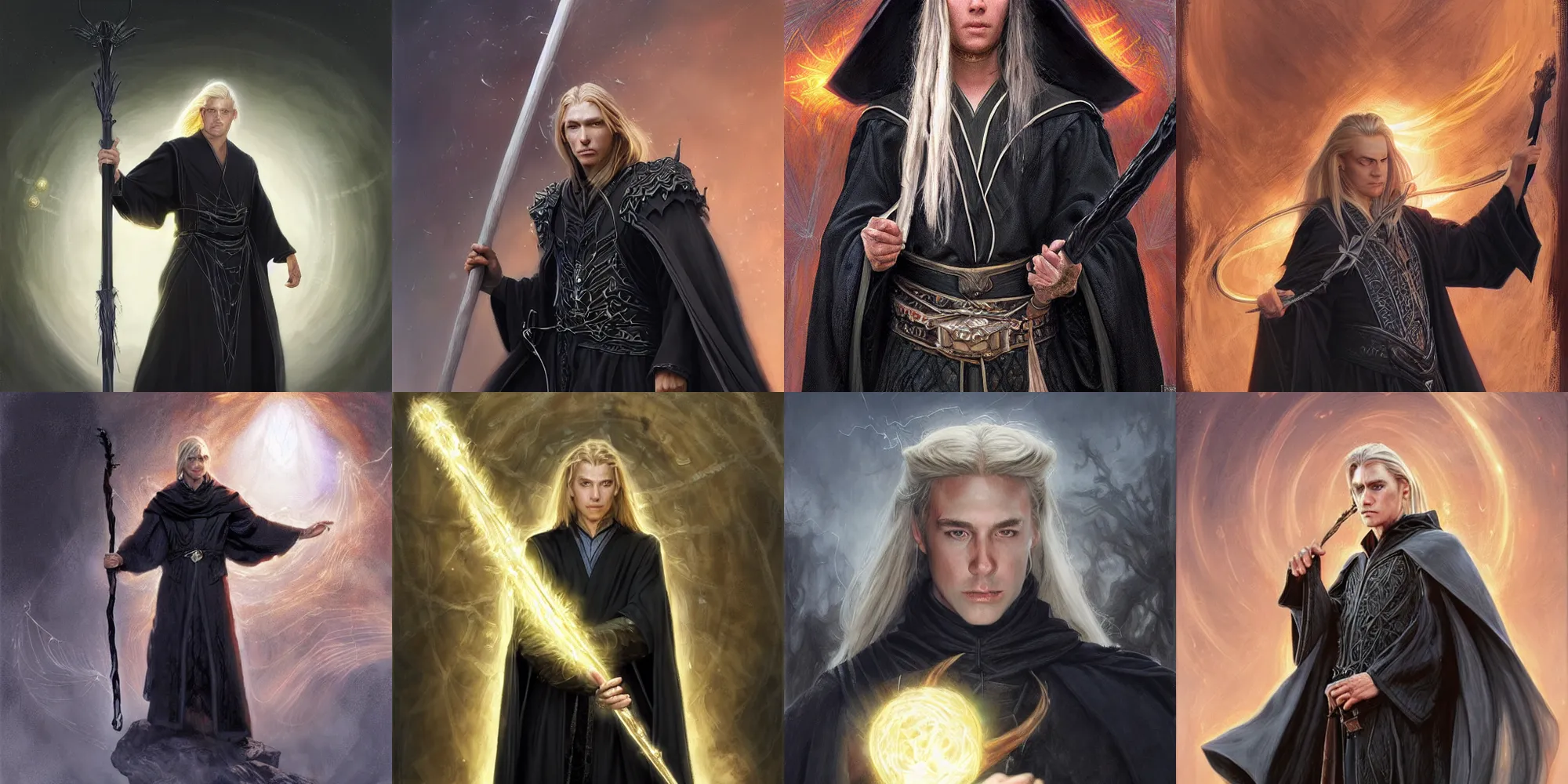 Prompt: Young, handsome wizard with a blonde ponytail wearing exquisite black robes, a spider cloak and wielding a legendary staff of light, fantasy D&D character, portrait art by Donato Giancola and Bayard Wu, digital art, trending on artstation, 4k