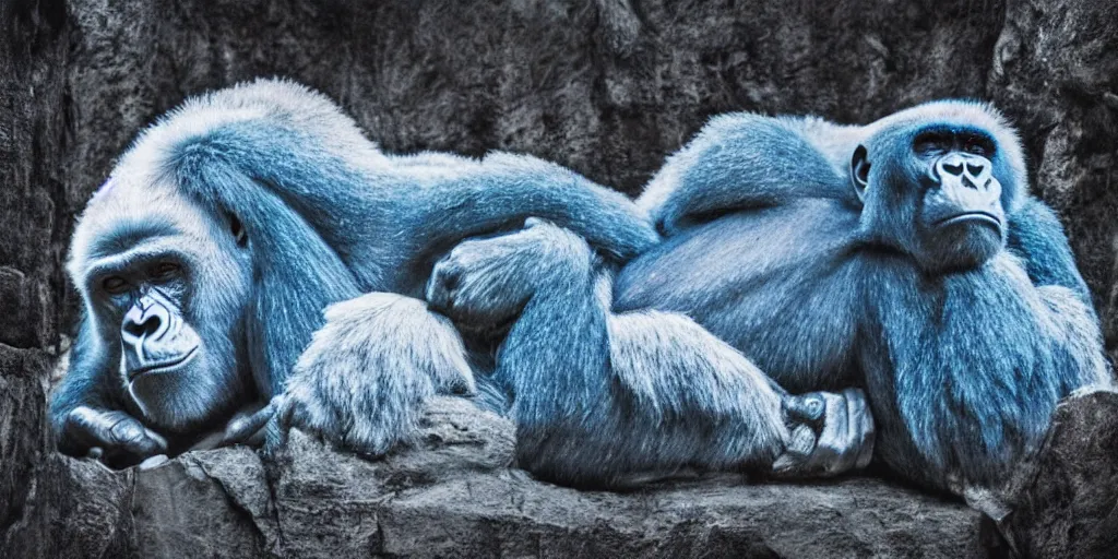 Prompt: A blue gorilla sleeping in fetal position in a gothic ice castle surrounded by three polar bears, highly detailed, photorealistic