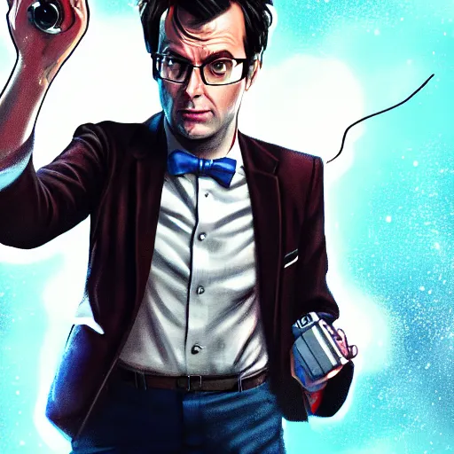 Image similar to Portrait of The Tenth Doctor stepping out of the Tardis and holding a sonic screwdriver, artstation, high definition, 4k, sharp focus