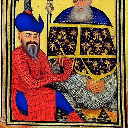 Prompt: sultan suleiman next to spider man, medieval art