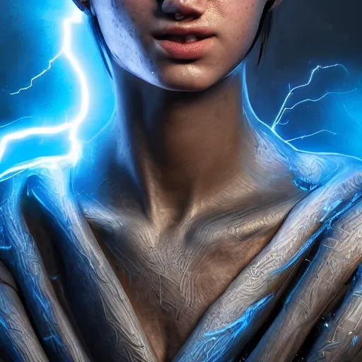 Image similar to photography of a hyper realistic highly detailed stunning expressive humanoid creature, controls complex and highly detailed blue lightning strikes as a super power. professionnal digital art, artstatiom, stuning, intricate, complex, unreal engine 5.