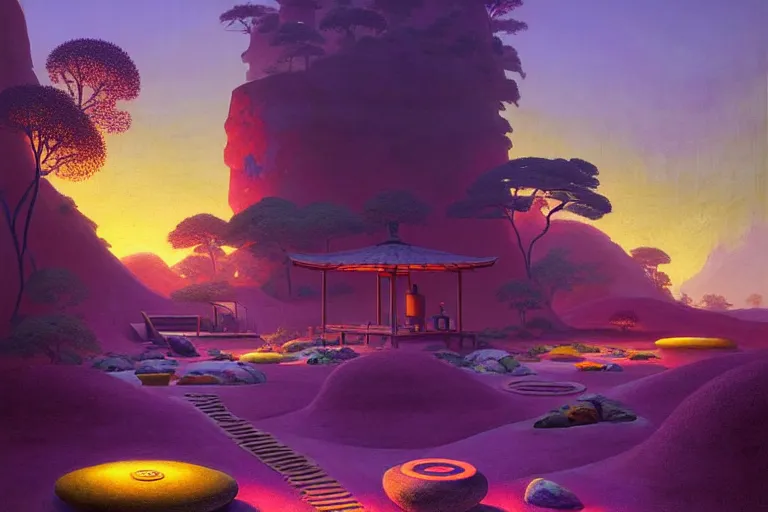 Prompt: a solarpunk zen garden by simon stalenhag and hubert robert and zacharias aagaard and gillis rombouts and samuel beal, hyperrealism!!!, purple sand, orange rocks, chiaroscuro!!, tonalism!, high saturation, high contrast, vibrant, highly detailed, volumetric light