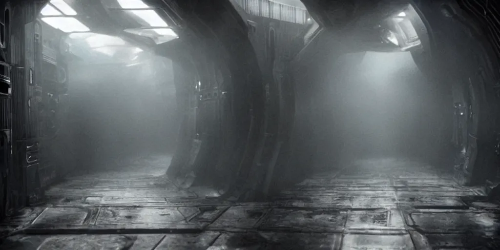 Prompt: a tight shot of a dark Alien ship interior corridor by Ridley Scott with lots of steam, Aliens movie, grainy, moody, dark, bleak