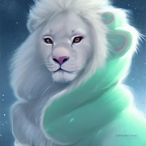 Image similar to aesthetic portrait commission of a albino male furry anthro lion cub popping floating bubbles while wearing a cute mint colored cozy soft pastel winter outfit, winter Atmosphere. Character design by charlie bowater, ross tran, artgerm, and makoto shinkai, detailed, inked, western comic book art, 2021 award winning painting