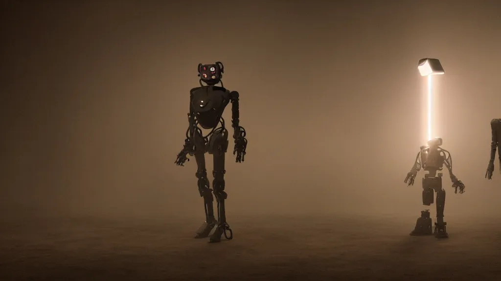 Image similar to horror movie still of robot, movie still, cinematic composition, cinematic light, by edgar wright and david lynch