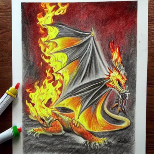 Prompt: firefighters using water against a fire - breathing dragon, pencil art, fire, colorful