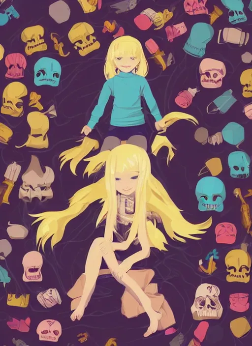 Image similar to little girl with long blonde hair sitting on a pile of plastic decor skulls. clean cel shaded vector art. shutterstock. behance hd by lois van baarle, artgerm, helen huang, by makoto shinkai and ilya kuvshinov, rossdraws, illustration, art by ilya kuvshinov