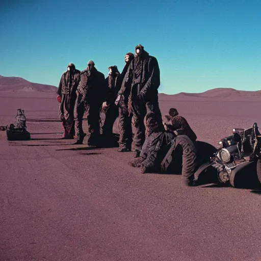 Prompt: film still, extreme far view, slipknot in mad max, apocalypse, desert, 2 6 mm, kodak ektachrome, blue tint expired film