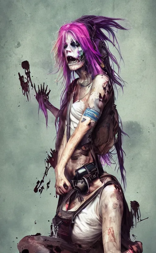 Prompt: a grungy undead woman with rainbow hair, drunk, angry, soft eyes and narrow chin, dainty figure, long hair straight down, torn overalls, basic white background, side boob, symmetrical, single person, style of by Jordan Grimmer and greg rutkowski, crisp lines and color,