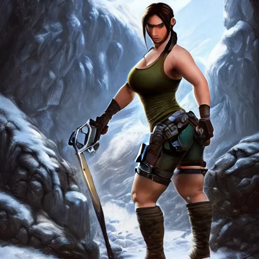 Prompt: perfectly-centered-full-shot photo of thicc lara croft, snowy mountains, crouched at a cave, big bust, intricate, elegant, super highly detailed, professional digital painting, artstation, concept art, smooth, sharp focus, no blur, no dof, extreme illustration, Unreal Engine 5, 8K, art by artgerm and greg rutkowski and alphonse mucha and loish and WLOP