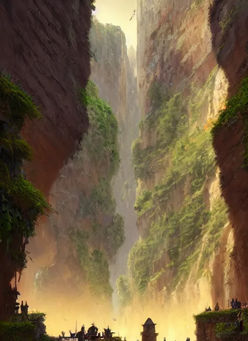 Image similar to medieval city built on terraces in a gigantic canyon, lots of buildings connected by hanging bridges, waterfalls, warm glow coming from the ground, lush vegetation, pitchblack sky, extremly detailed digital painting, in the style andreas rocha and greg rutkowski, 8 k, stunning scene, octane, trending on artstation