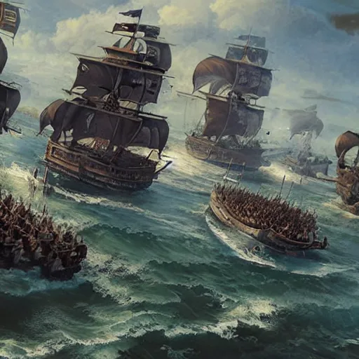 Image similar to close up of biggest pirate battle ever, realistic shaded, fine details, realistic shaded lighting poster by greg rutkowski