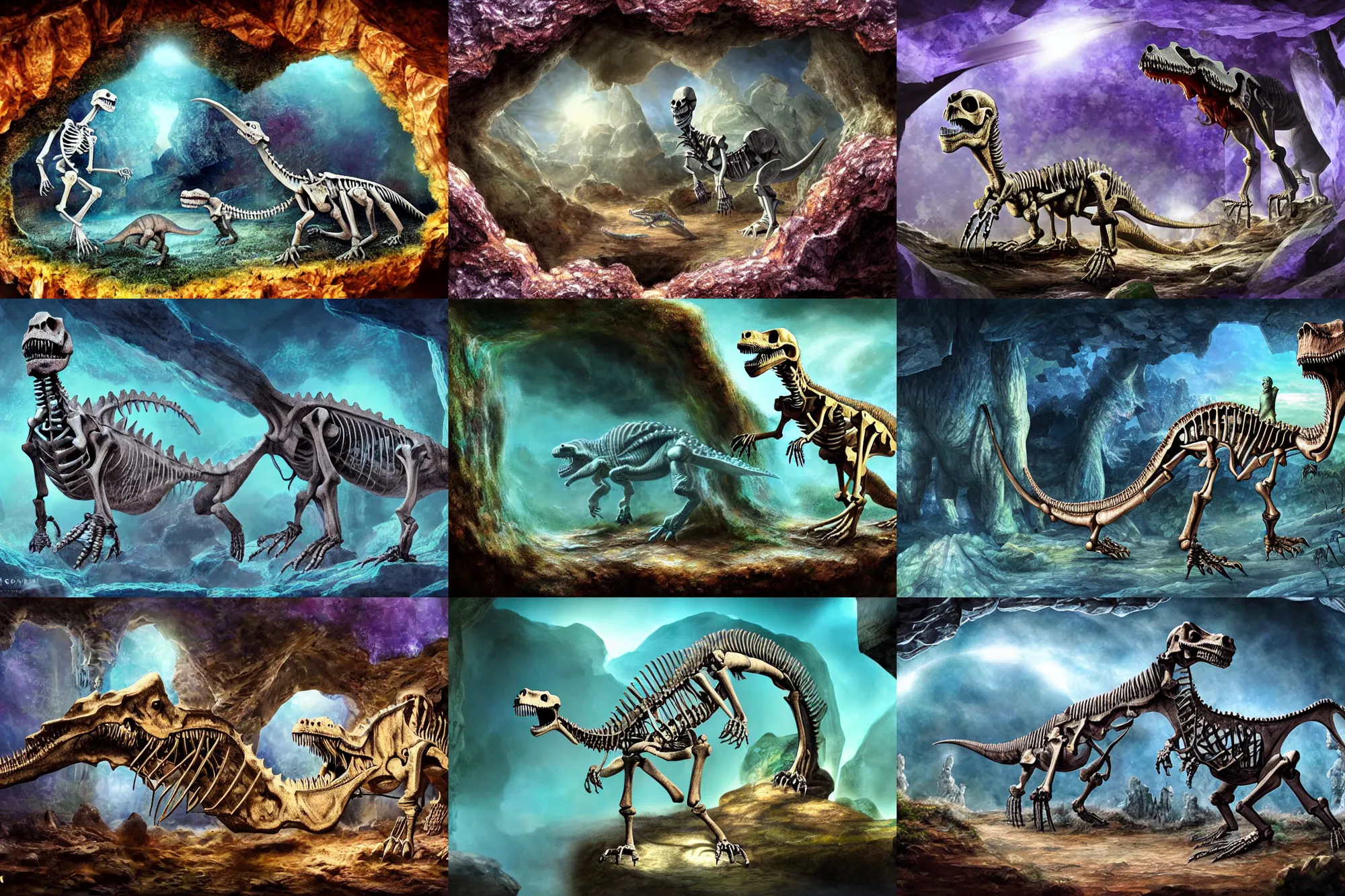 Prompt: dinosaur skeleton (dinoaur-skeleton) in a crystal geode ((in a crystal geode)), matte-painting