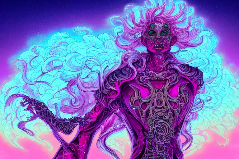 Prompt: cell shaded, a vaporwave ombre biomechanical druid of creativity, flowing hair, beautiful character fashion design, by josan gonzalez, shag, nagel, and paul lehr and david heskin and seb mckinnon and jared s. merantz and alex grey, hi - fructose, 8 k, digital matte painting