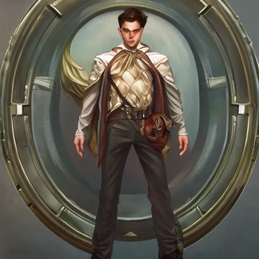 Image similar to character concept, wide angle, full body, symmetrical head - on centralized, young man with advanced clothes. detailed, high quality, dynamic lightning, fantasy, scenematic. artwork by artgerm, wlop, alex ross, greg rutknowski, alphonse mucha