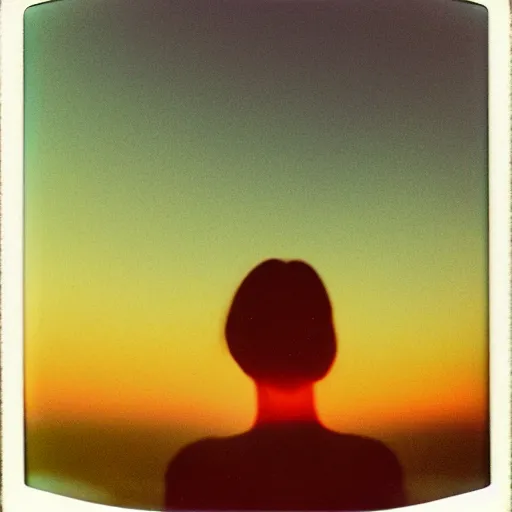Prompt: polaroid sx - 7 0 double exposure of a woman looking at the sunset, sky overlaid