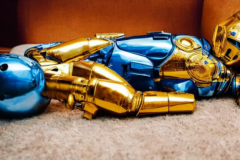 Prompt: portrait photo of a shiny golden and blue metallic futuristic steampunk humanoid robot sleeping on a sofa in a modern hotel room, empty bottles all over the floor, next to the robot is a tiger, messy, pressphoto, insanely detailed, wide shot