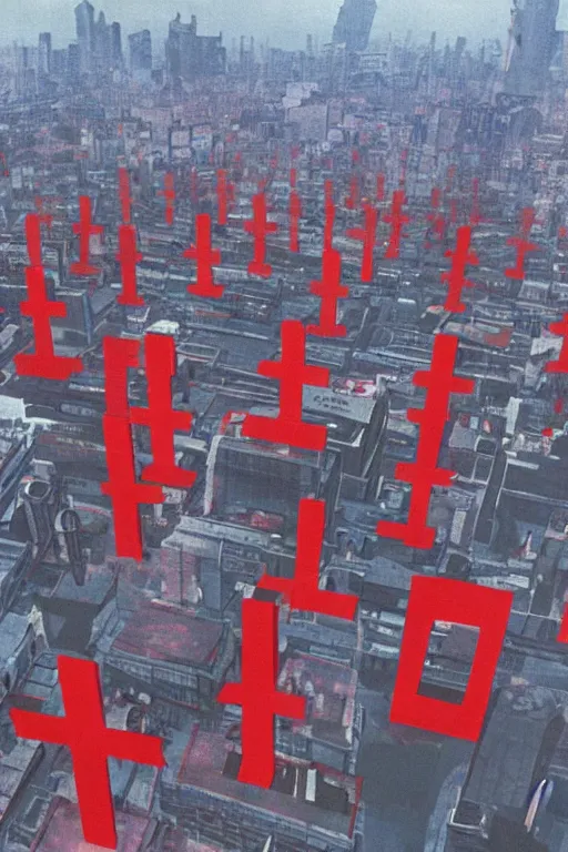 Image similar to Three giant red crosses in the center of a city from Neon Genesis Evangelion