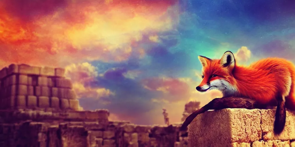 Image similar to A beautiful small fox in the huge ruins of the second temple in Jerusalem :: Dreamy sky :: The third temple hovers quietly in the sky above :: Very colorful painting 8k trending on art station :: Intricate details, very realistic, cinematic lighting, volumetric lighting, photographic blur bokeh defocus dof sky