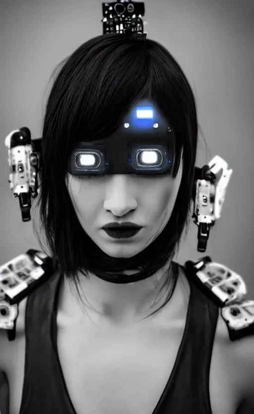 Prompt: “ a beautiful cyberpunk female model with a robotic neck and glowing neon piercings, met gala fashion, cinematic lighting, strong depth of field, black and white 8 k photography ”