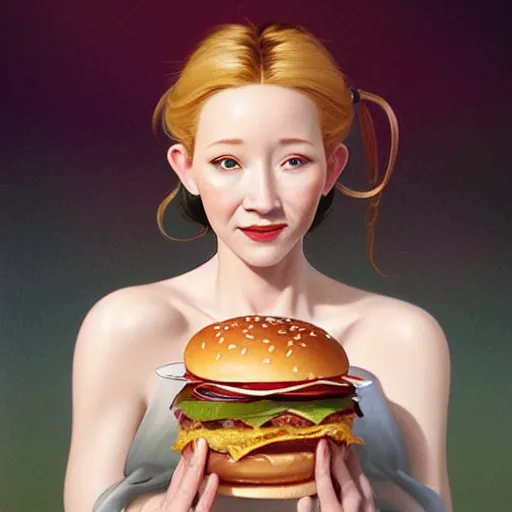 Prompt: portrait of anne heche eating hamburgers, extra onions and ketchup, luscious patty with sesame seeds, feminine ethereal, handsome, d & d, fantasy, intricate, elegant, highly detailed, digital painting, artstation, concept art, matte, sharp focus, illustration, art by artgerm and greg rutkowski and alphonse mucha