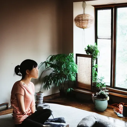 Image similar to cozy asian home, ambient, moody, couple, tiny