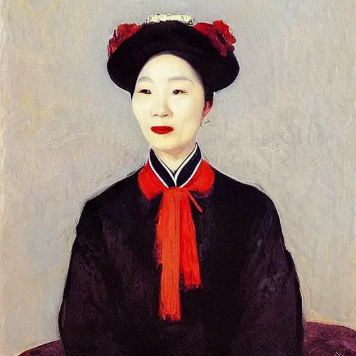 Image similar to “Chinese woman painted in the style of madame x by John singer Sargent”