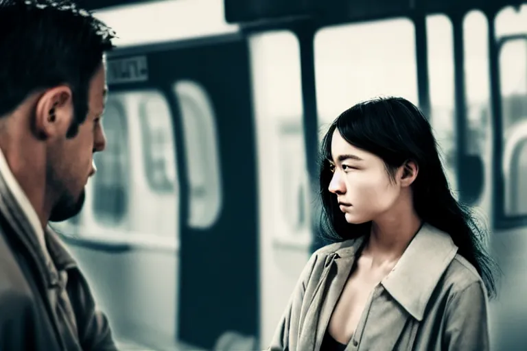 Image similar to vfx film closeup couple in a train station flat color profile low - key lighting award winning photography arri alexa cinematography, beautiful natural skin, famous face, atmospheric cool color - grade