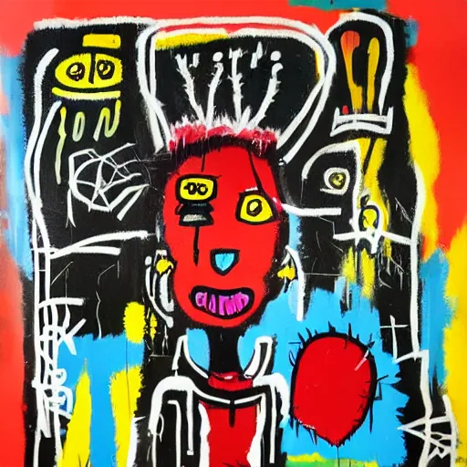 Image similar to “berries, diamonds, pigs, weeds, bagels, emo catgirl, Acrylic and spray paint and oilstick on canvas by Jean-Michel Basquiat”