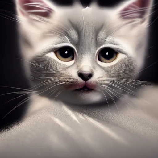 Image similar to hyperrealistic photograph of an adorable kitten, dim volumetric lighting, 8 k, octane beautifully detailed render, extremely hyper detailed, intricate, epic composition, cinematic lighting, masterpiece, trending on artstation, very very detailed, stunning, hdr, smooth, sharp focus, high resolution, award, winning photo,