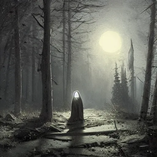 Image similar to a hooded figure carrying a torch approaches an abandoned tavern on a moonlit night, Ivan Shishkin and Greg Rutkowski