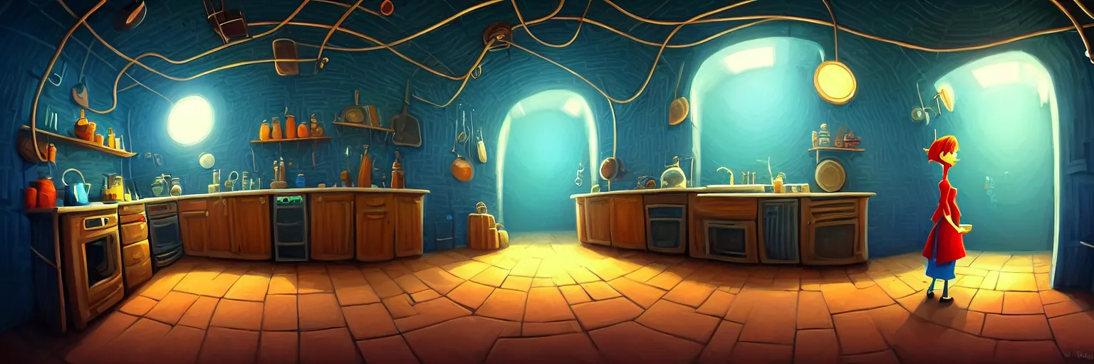 Image similar to underground, basement, fisheye spiral, naive, extra narrow, detailed illustration of a kitchen, large floor, dimly lit by rhads from lorax movie, trending artstation, dark blue, vines crawling, tavern