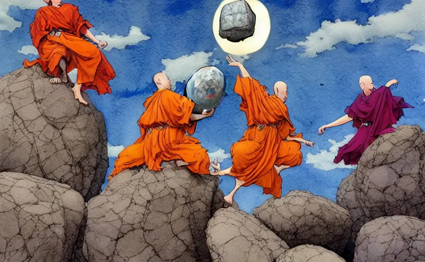 Image similar to a hyperrealist watercolour concept art of a group of grey monks levitating a huge rock in the air over their head. a large flat rock is in the sky. by rebecca guay, michael kaluta, charles vess and jean moebius giraud. high detail, hq, wide shot