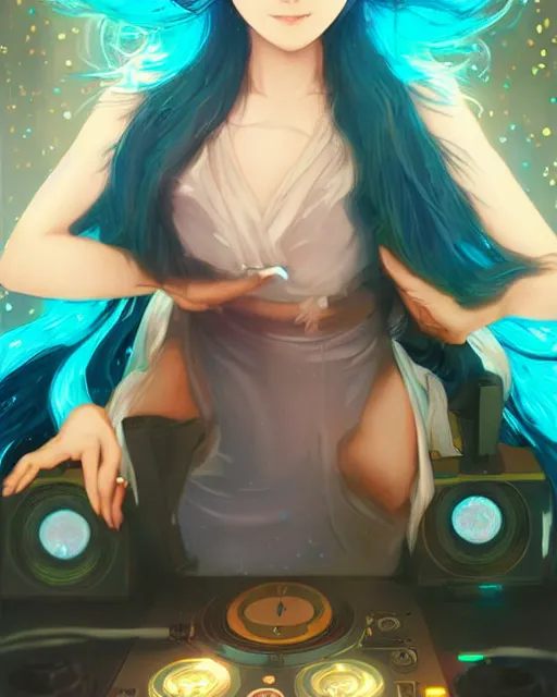 Image similar to pretty girl djing at a rave, blue hair, rem rezero, sharp focus, digital painting, 8 k, concept art, art by wlop, artgerm, greg rutkowski and alphonse mucha