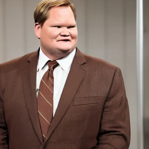 Prompt: Andy Richter is wearing a chocolate brown suit and necktie. Andy is standing under the running water of a shower head. Water is dripping from the suit and necktie.