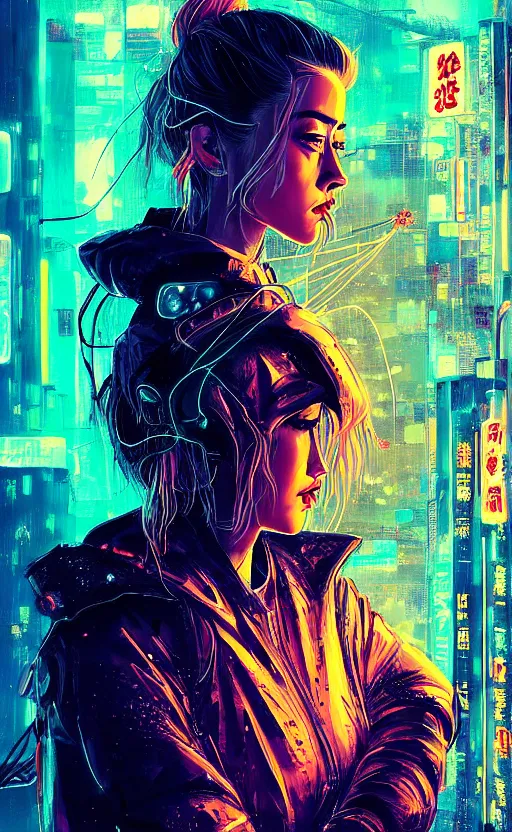 Image similar to detailed Amber Heard crouching on top of messed up bed, volumetric lightning, cyberpunk futuristic neon, decorated with traditional Japanese ornaments by Ismail inceoglu dragan bibin hans thoma !dream detailed portrait Neon Operator Girl, cyberpunk futuristic neon, reflective puffy coat, decorated with traditional Japanese ornaments by Ismail inceoglu dragan bibin hans thoma greg rutkowski Alexandros Pyromallis Nekro Rene Maritte Illustrated, Perfect face, fine details, realistic shaded, fine-face, pretty face